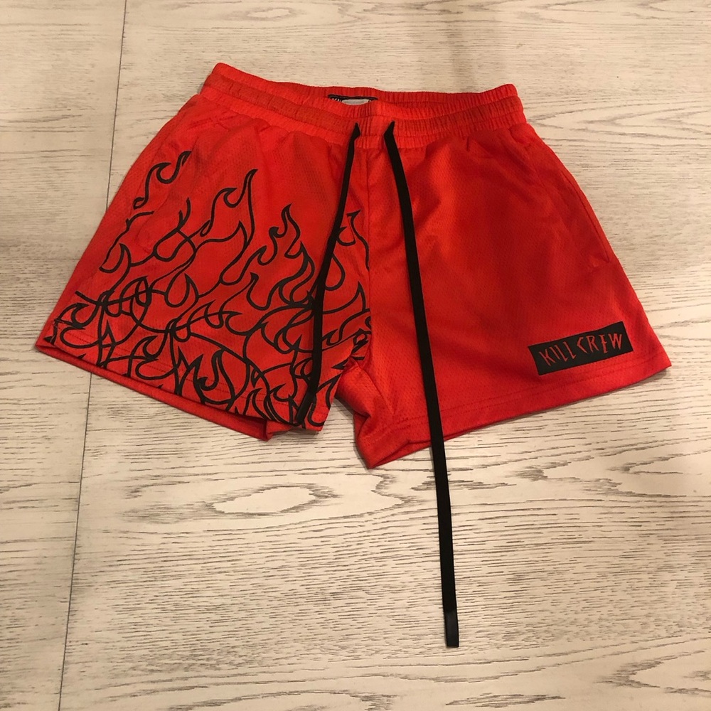 KILL CREW MUAY THAI FLAME SHORTS (MID THIGH CUT) - RED / BLACK SIZE MEDIUM